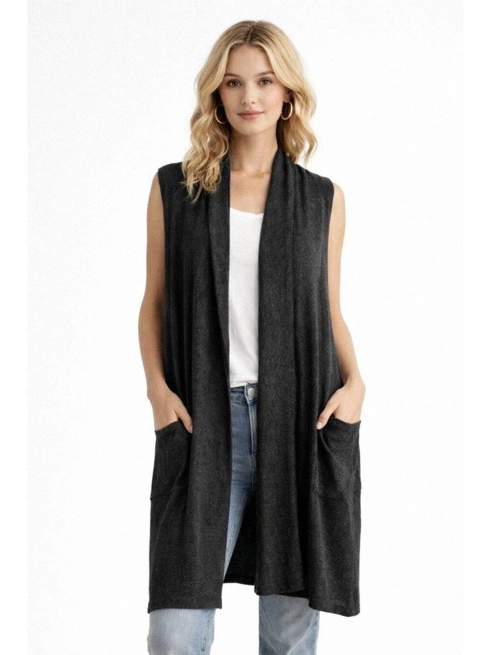 August Silk Open Front Pockets Duster Vest
